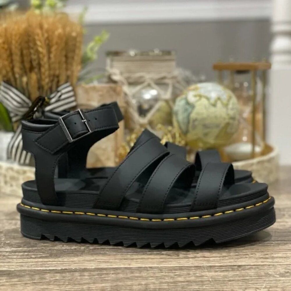 Dr. Martens Black Platform Strappy Sandals with Yellow Stitching